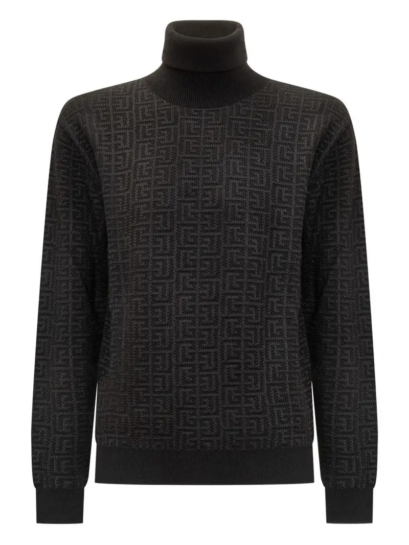 Maglione Nero a Collo Alto con Motivo Geometrico