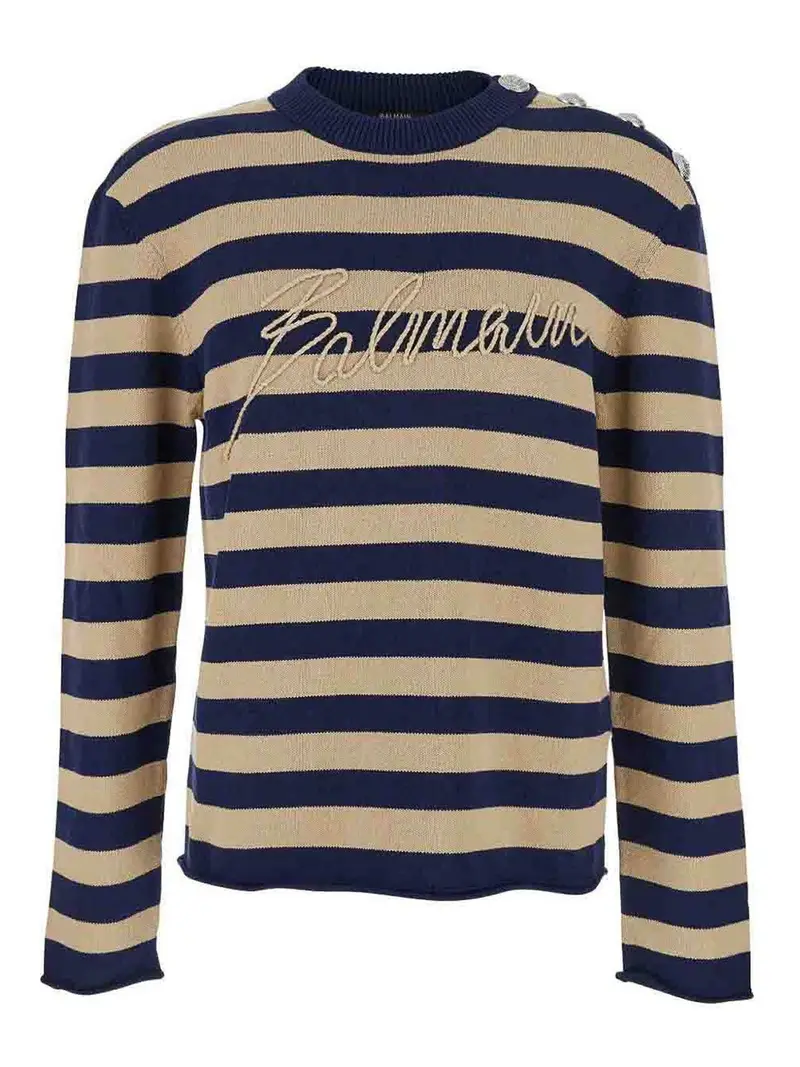 Maglione A Righe Con Ricamo Logo Marrone