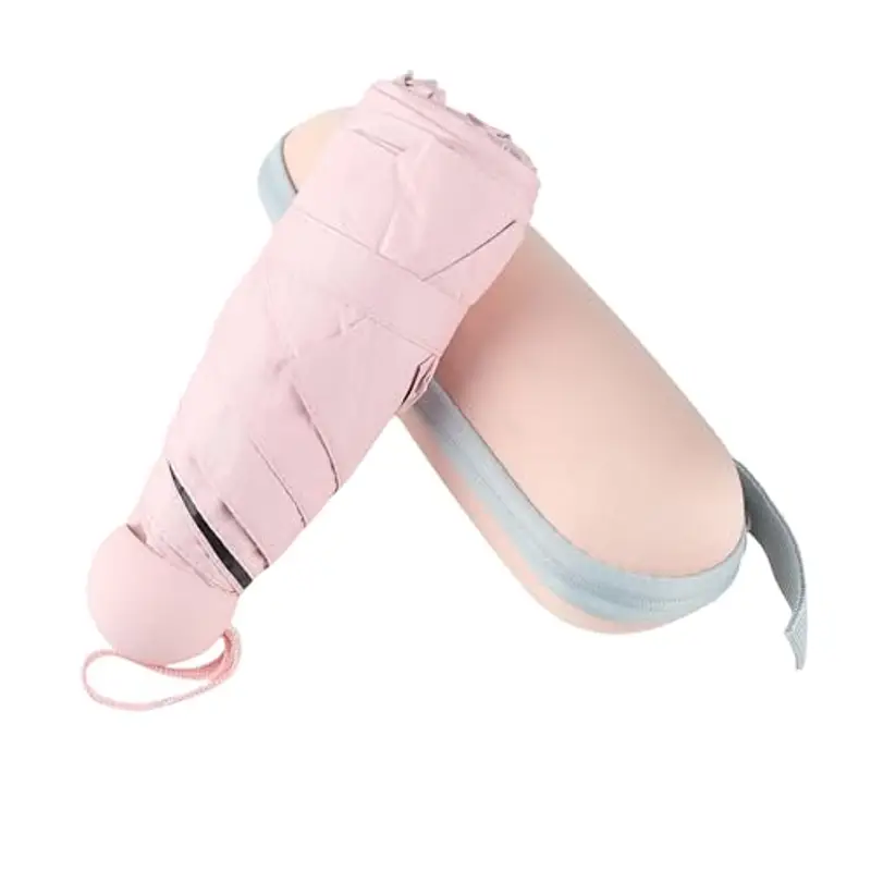 BAODINI, Mini ombrello da viaggio con custodia, piccolo, compatto, con protezione solare anti-UV, leggero, piccolo, tascabile, rosa chiaro, Mini