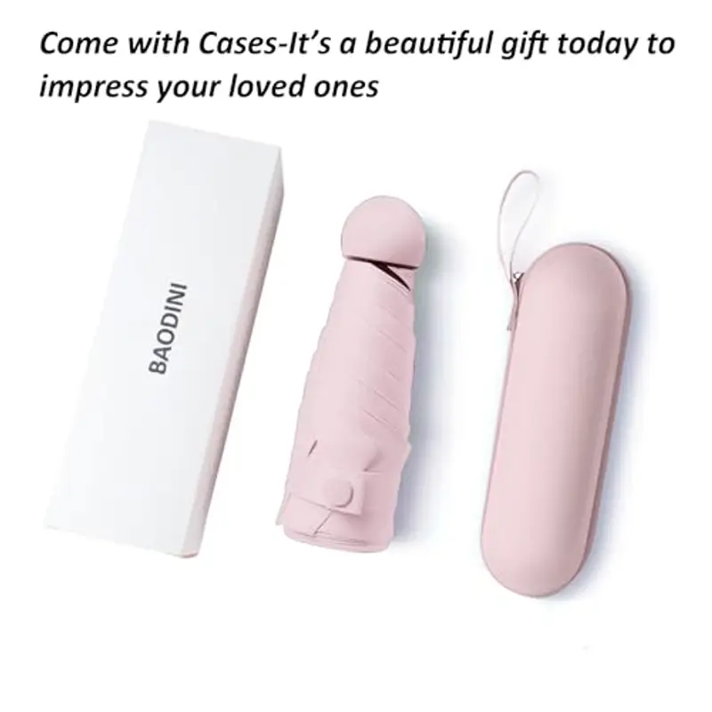 BAODINI, Mini ombrello da viaggio con custodia, piccolo, compatto, con protezione solare anti-UV, leggero, piccolo, tascabile, rosa chiaro, Mini miniatura 2