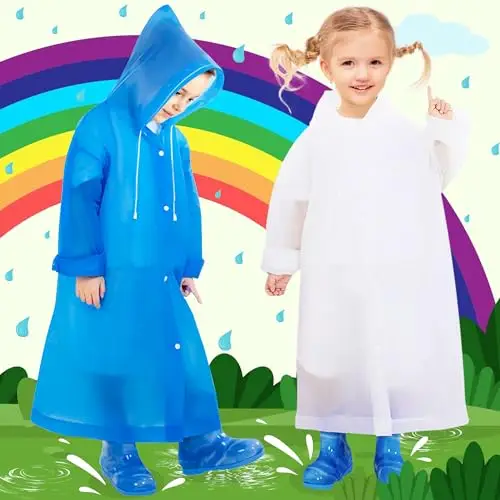 Baogaier 2 Pezzi Poncho Antipioggia Bambini, EVA Riutilizzabile Impermeabile Mantella Antipioggia con Cappuccio miniatura 2