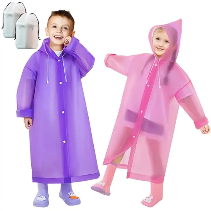 Baogaier 2 Pezzi Poncho Antipioggia Bambini, EVA Riutilizzabile Impermeabile Mantella Antipioggia con Cappuccio