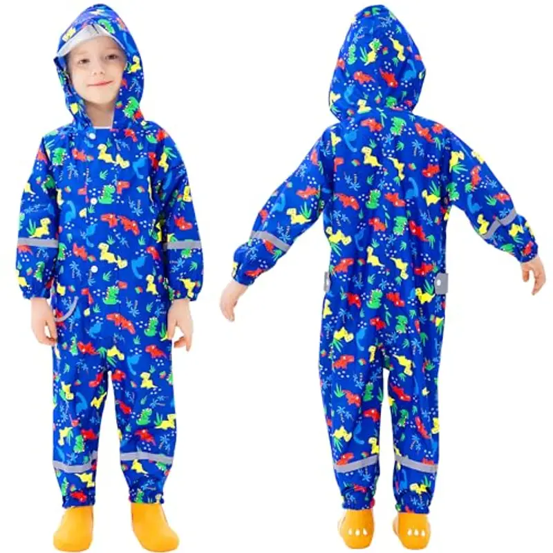 Baogaier Bambini Impermeabile Antipioggia con Cappuccio Blu Navy Dinosauro Bambino Antipioggia Giacca Tuta Portatile miniatura 2