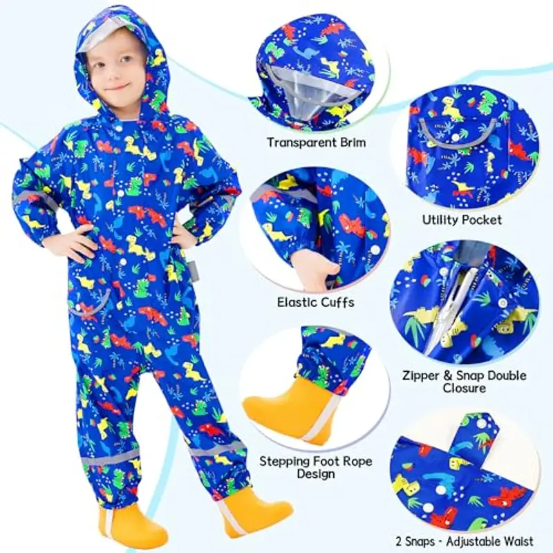 Baogaier Bambini Impermeabile Antipioggia con Cappuccio Blu Navy Dinosauro Bambino Antipioggia Giacca Tuta Portatile miniatura 3