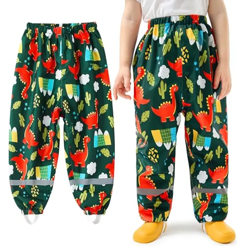 Baogaier Pantaloni Impermeabili Bambino, Dinosauro Verde Scuro Ragazzi Traspirante Antipioggia Antistrappo Sfoderati