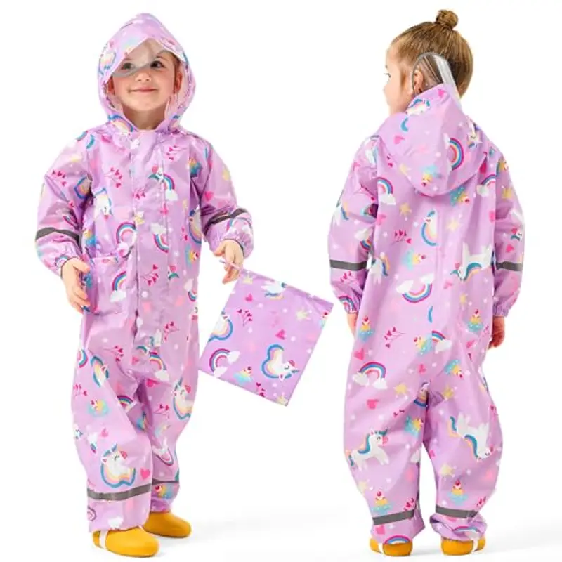 Baogaier Ragazze Impermeabile con Cappuccio Bambini Tuta da Pioggia Leggero Tutto in Uno Giacche Tutina Antipioggia