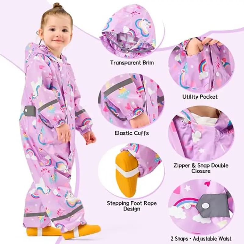 Baogaier Ragazze Impermeabile con Cappuccio Bambini Tuta da Pioggia Leggero Tutto in Uno Giacche Tutina Antipioggia miniatura 3