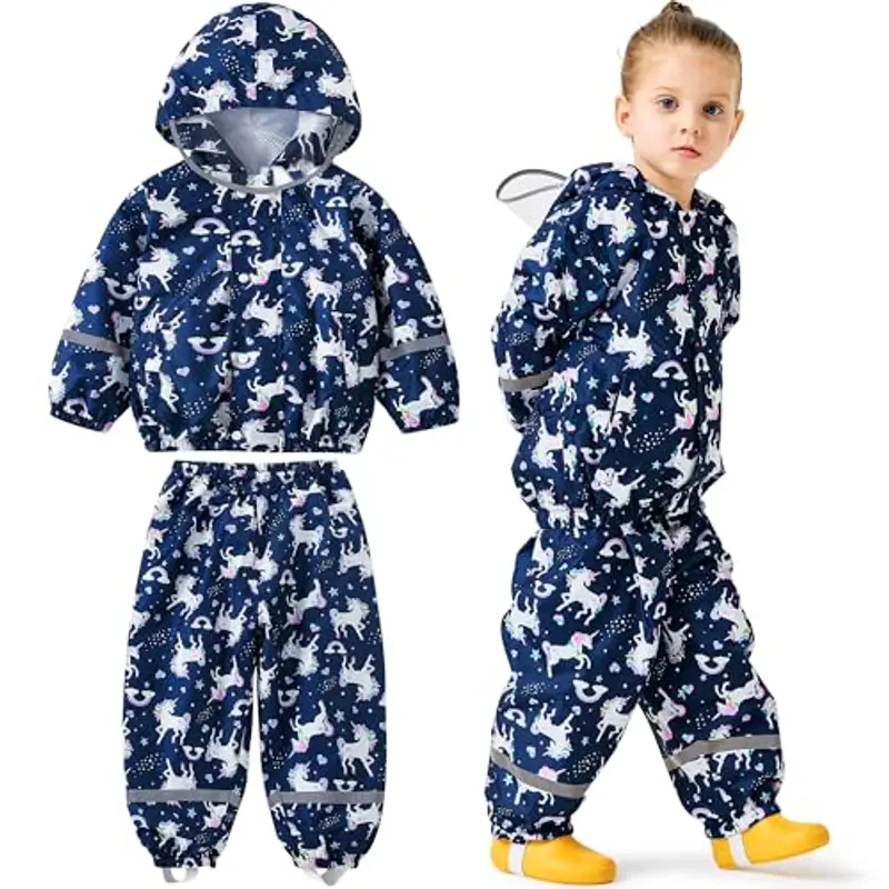 Baogaier Tuta Impermeabile Bambina, Leggero Fodera in Rete Antipioggia Giacca & Pantaloni Impermeabili 2 Pezzi Set,