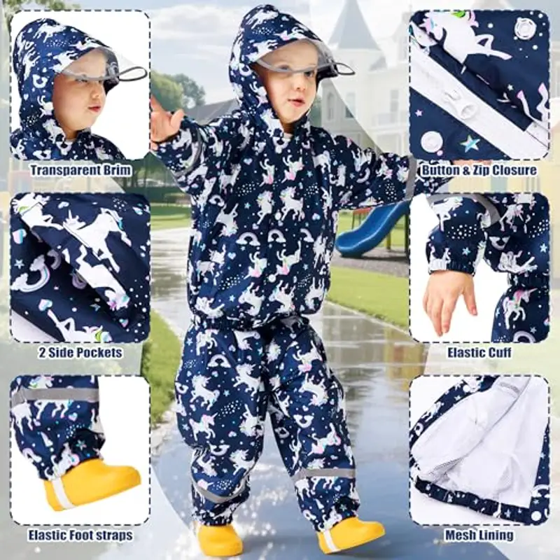 Baogaier Tuta Impermeabile Bambina, Leggero Fodera in Rete Antipioggia Giacca & Pantaloni Impermeabili 2 Pezzi Set miniatura 3