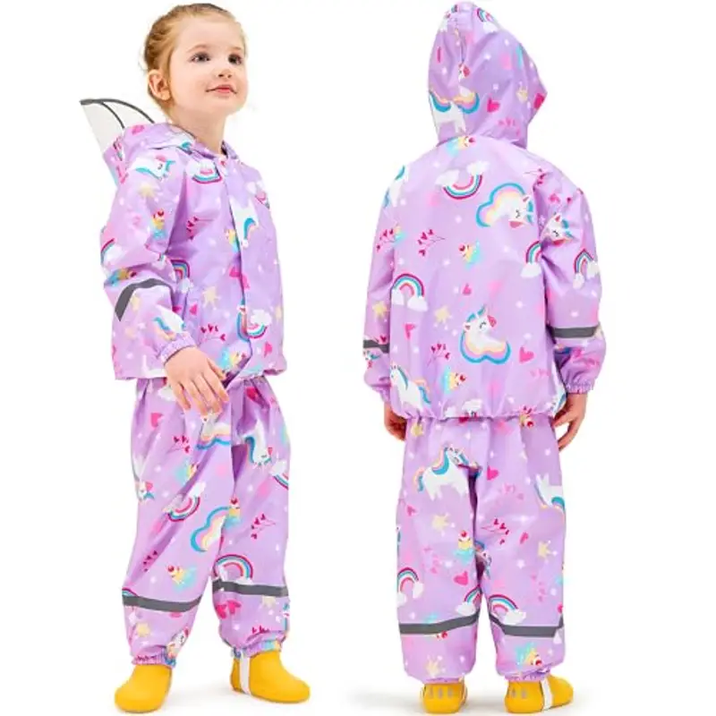 Baogaier Tuta Impermeabile Bambina, Leggero Fodera in Rete Antipioggia Giacca & Pantaloni Impermeabili 2 Pezzi Set miniatura 2