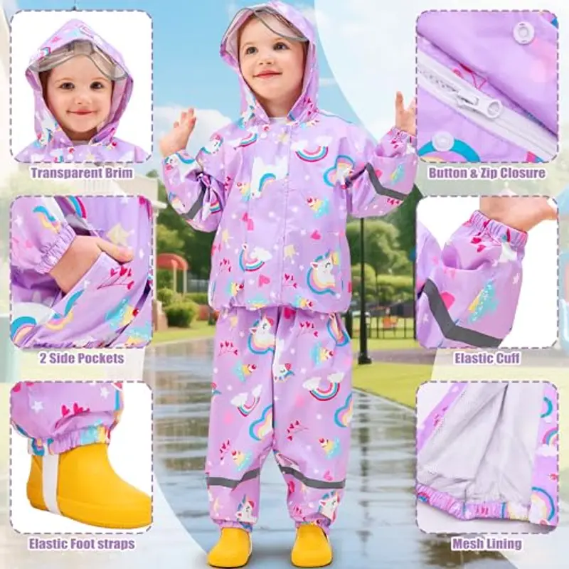 Baogaier Tuta Impermeabile Bambina, Leggero Fodera in Rete Antipioggia Giacca & Pantaloni Impermeabili 2 Pezzi Set miniatura 3
