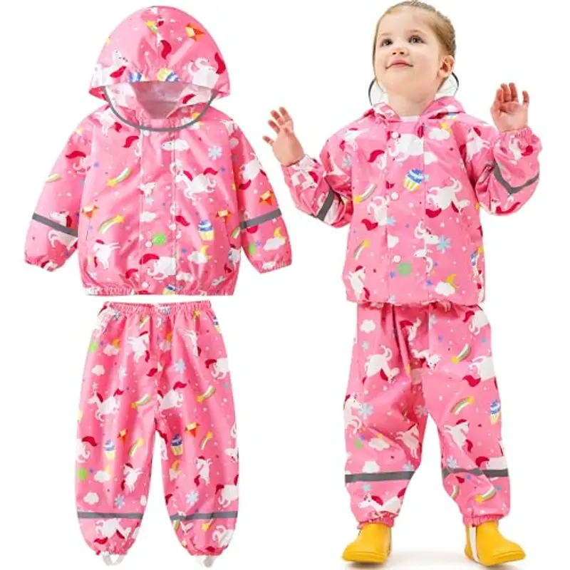 Baogaier Tuta Impermeabile Bambina, Leggero Fodera in Rete Antipioggia Giacca & Pantaloni Impermeabili 2 Pezzi Set,