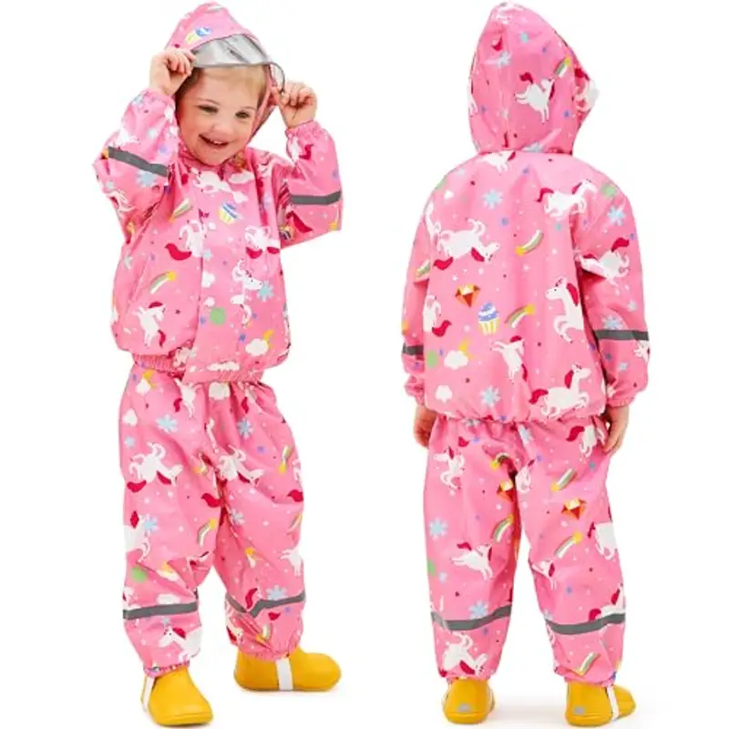 Baogaier Tuta Impermeabile Bambina, Leggero Fodera in Rete Antipioggia Giacca & Pantaloni Impermeabili 2 Pezzi Set miniatura 2