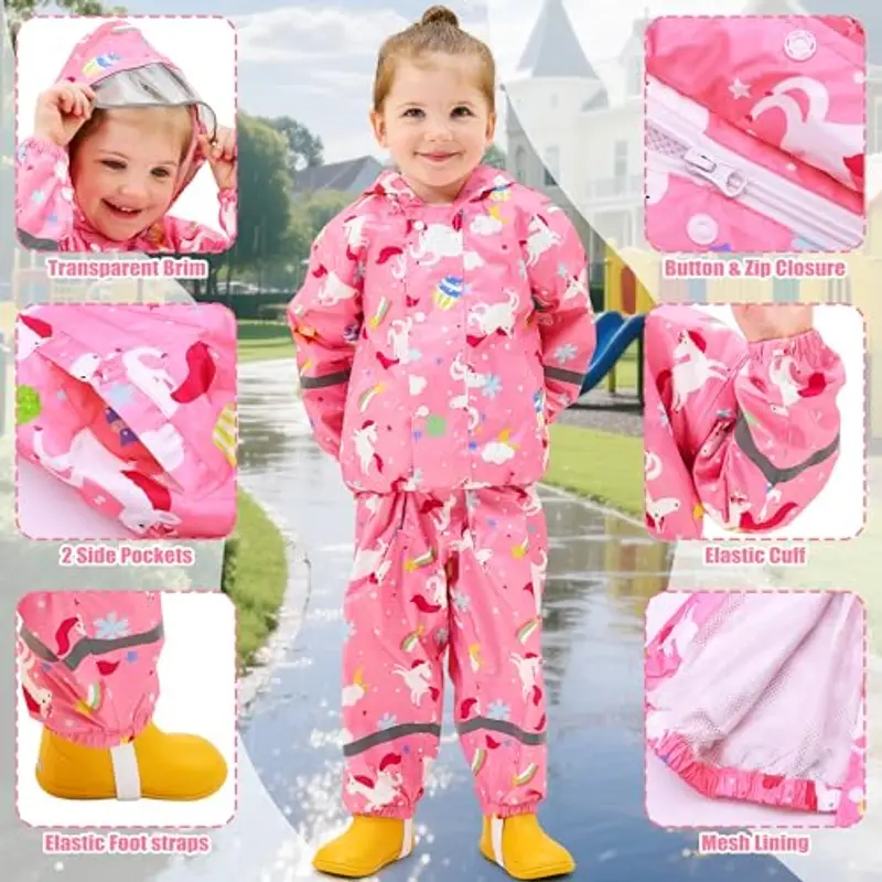 Baogaier Tuta Impermeabile Bambina, Leggero Fodera in Rete Antipioggia Giacca & Pantaloni Impermeabili 2 Pezzi Set miniatura 3