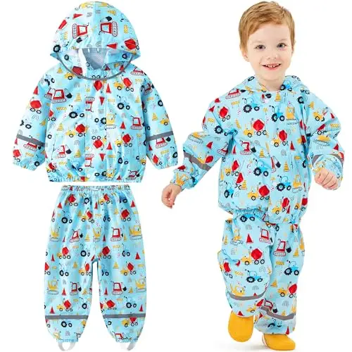 Baogaier Tuta Impermeabile Bambino, Leggero Fodera in Rete Antipioggia Giacca & Pantaloni Impermeabili 2 Pezzi Set,