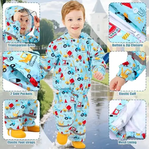 Baogaier Tuta Impermeabile Bambino, Leggero Fodera in Rete Antipioggia Giacca & Pantaloni Impermeabili 2 Pezzi Set miniatura 3