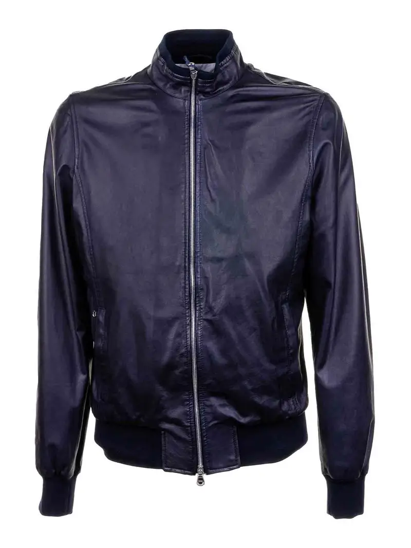 Giacca Sportiva In Pelle Con Zip Blu