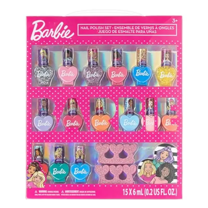 Barbie Movie 18 Piece Set di trucco per unghie a base di acqua per bambini, comprende 15 smalti per unghie con 2