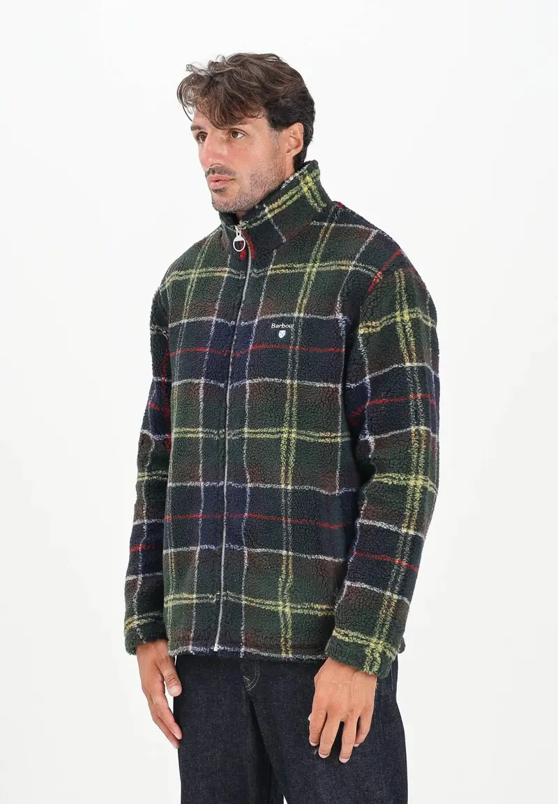 Felpa con zip pile sherpa tartan da uomo