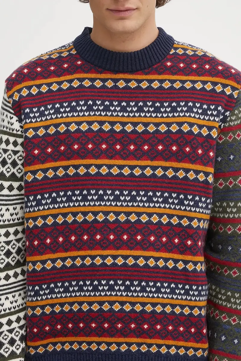 maglione con lana Patchwork Fair Isle Crew Neck Sweater colore blu navy MKN1651NY31 miniatura 4