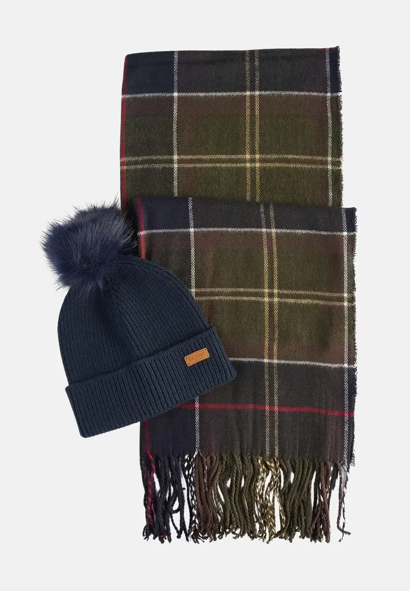 Set regalo Barbour Dover Beanie & Hailes Scarf blu per uomo e donna