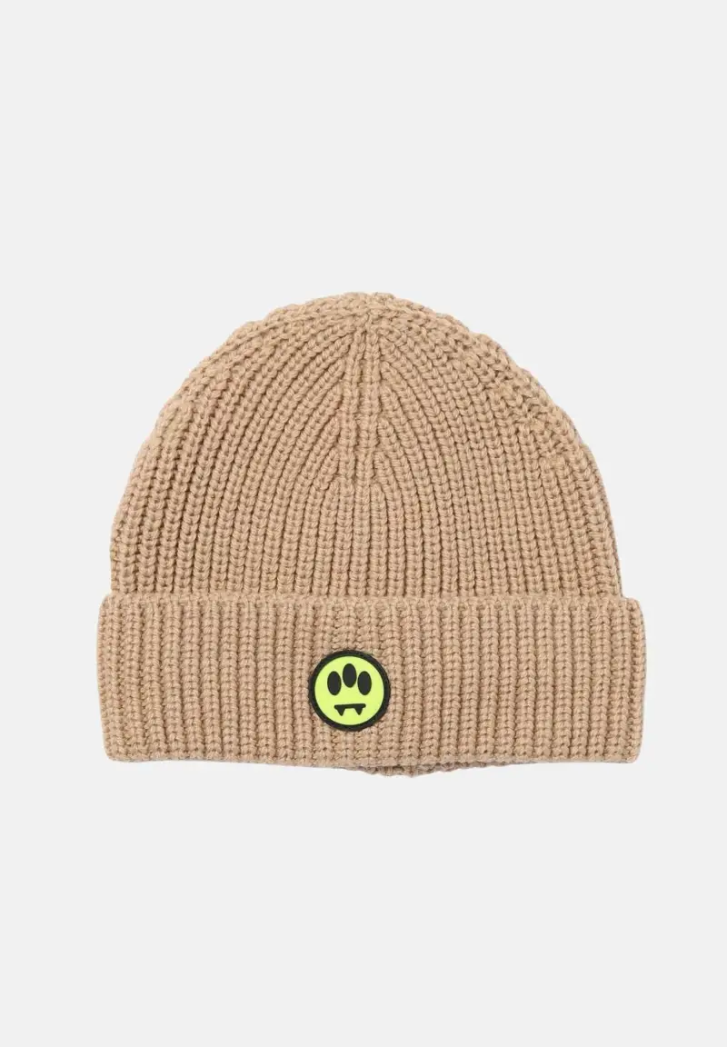 Berretto di lana beige per uomo e donna con patch logo