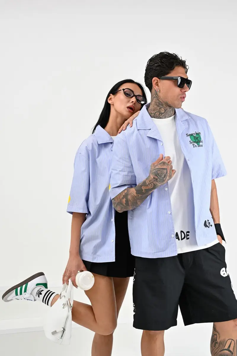 BARROW Camicia a manica corta azzurra per uomo e donna con stampe e motivo a righe miniatura 3