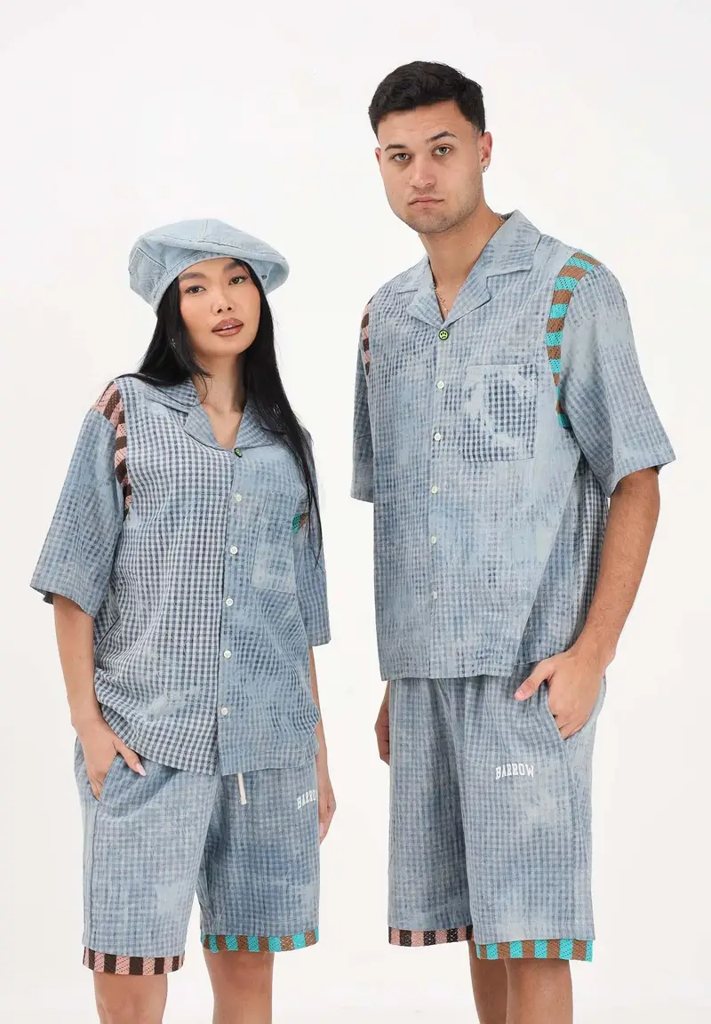 Camicia a manica corta celeste per uomo e donna con stampa micro check miniatura 2
