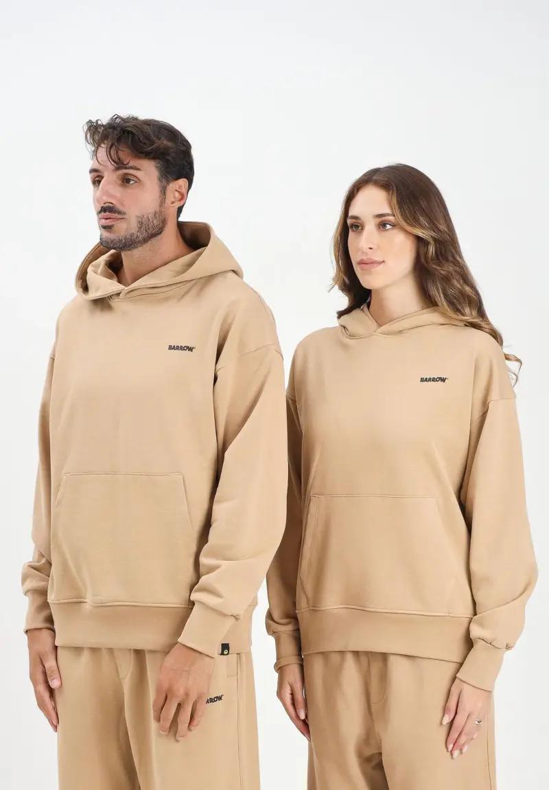 Felpa con cappuccio beige per uomo e donna rifinita da stampa logo