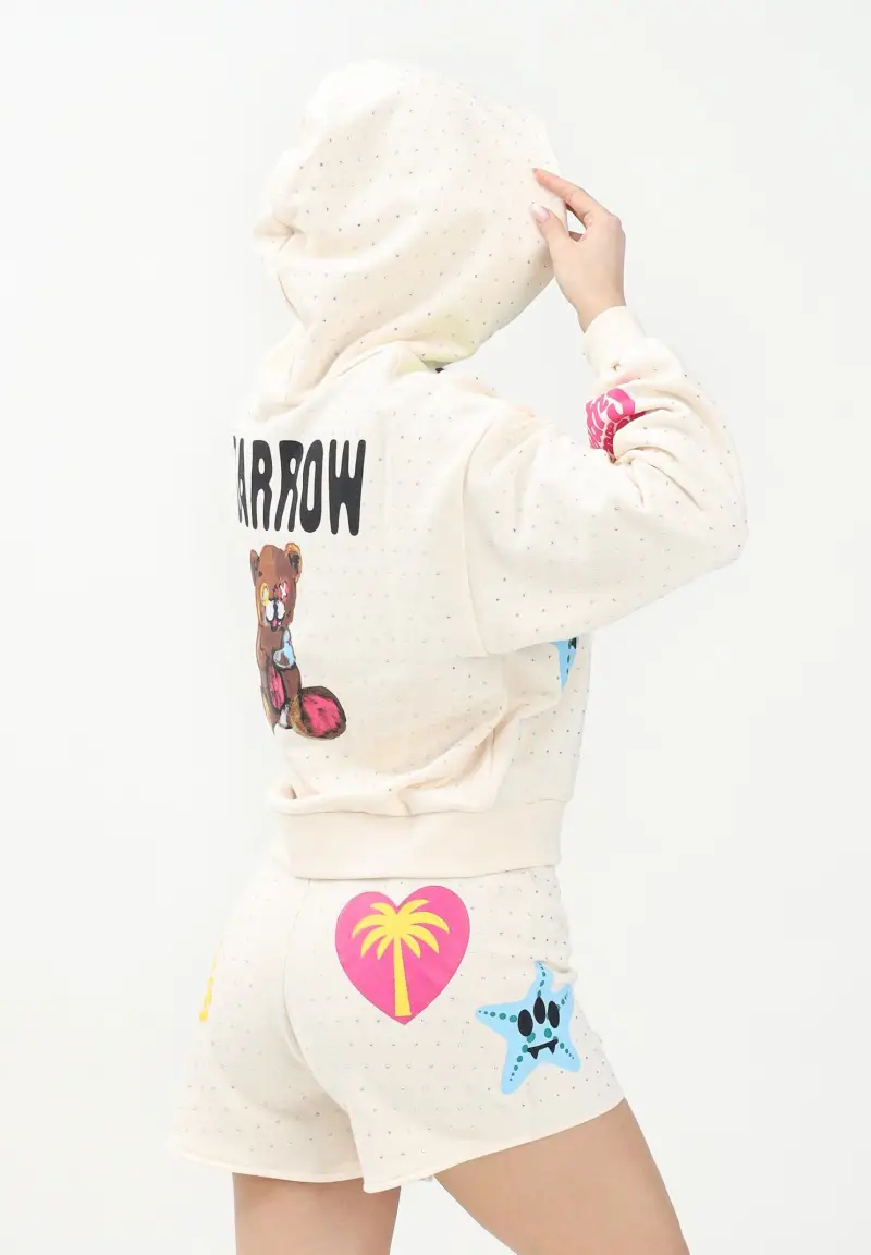 Felpa con cappuccio color crema per donna e bambina con strass e stampe miniatura 2