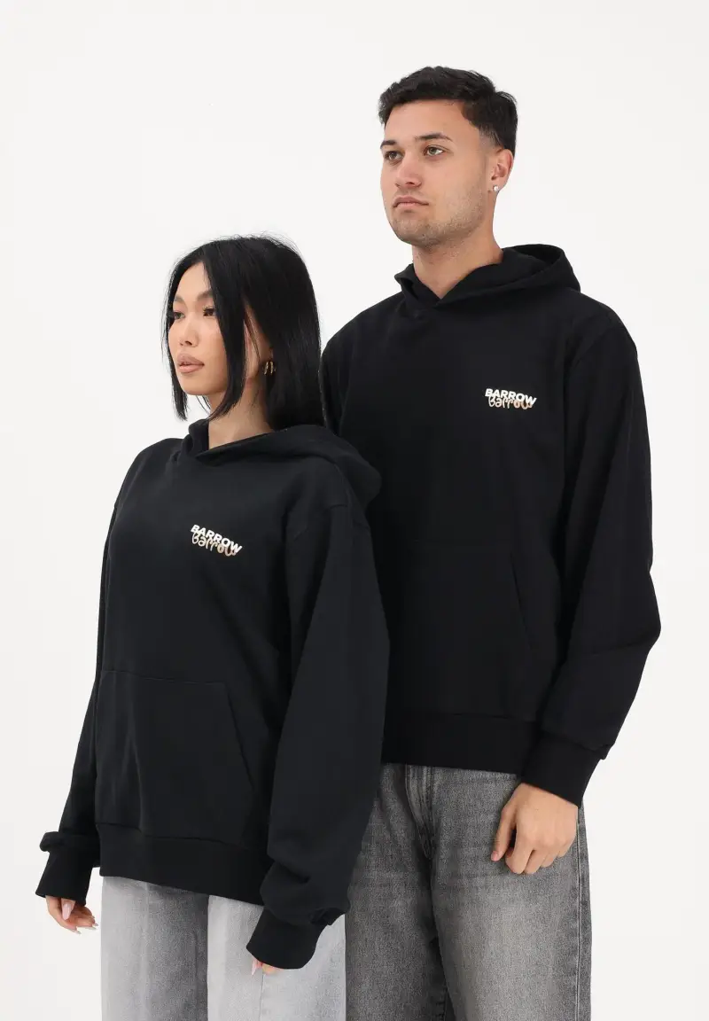 Felpa con cappuccio nera per uomo e donna caratterizzata da stampa sul retro
