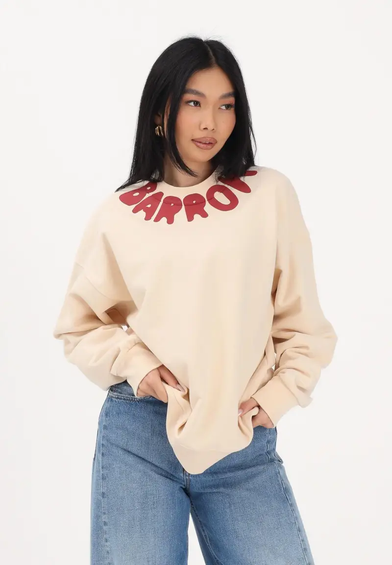 Felpa girocollo crema per uomo e donna con logo al collo miniatura 3