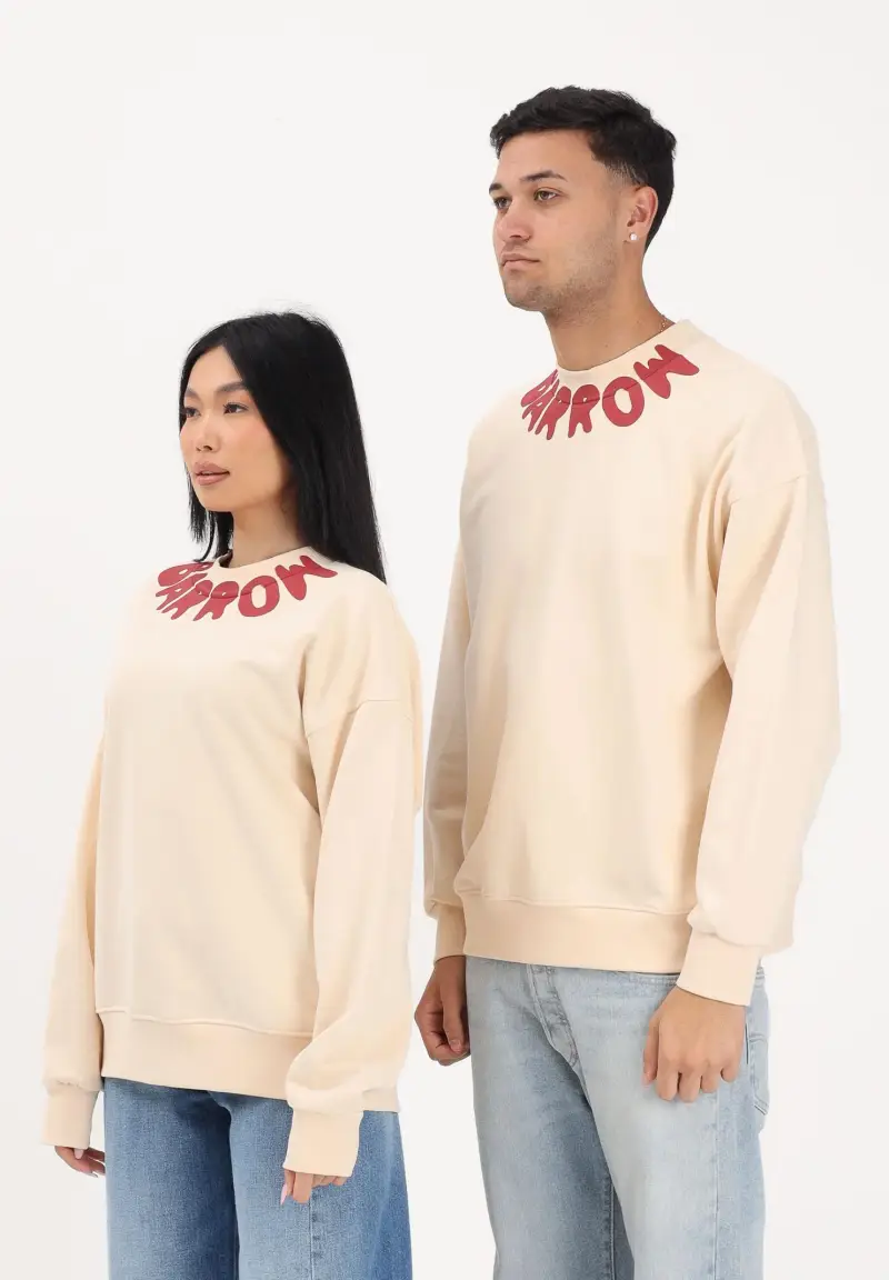 Felpa girocollo crema per uomo e donna con logo al collo