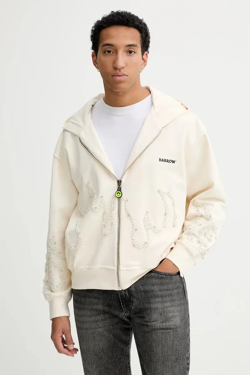 felpa in cotone colore beige con cappuccio con applicazione F5BWUAZH080 miniatura 2