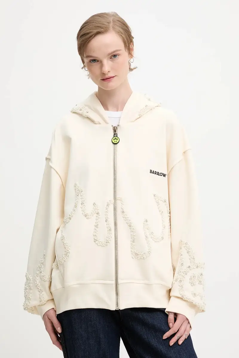 felpa in cotone colore beige con cappuccio con applicazione F5BWUAZH080 miniatura 3