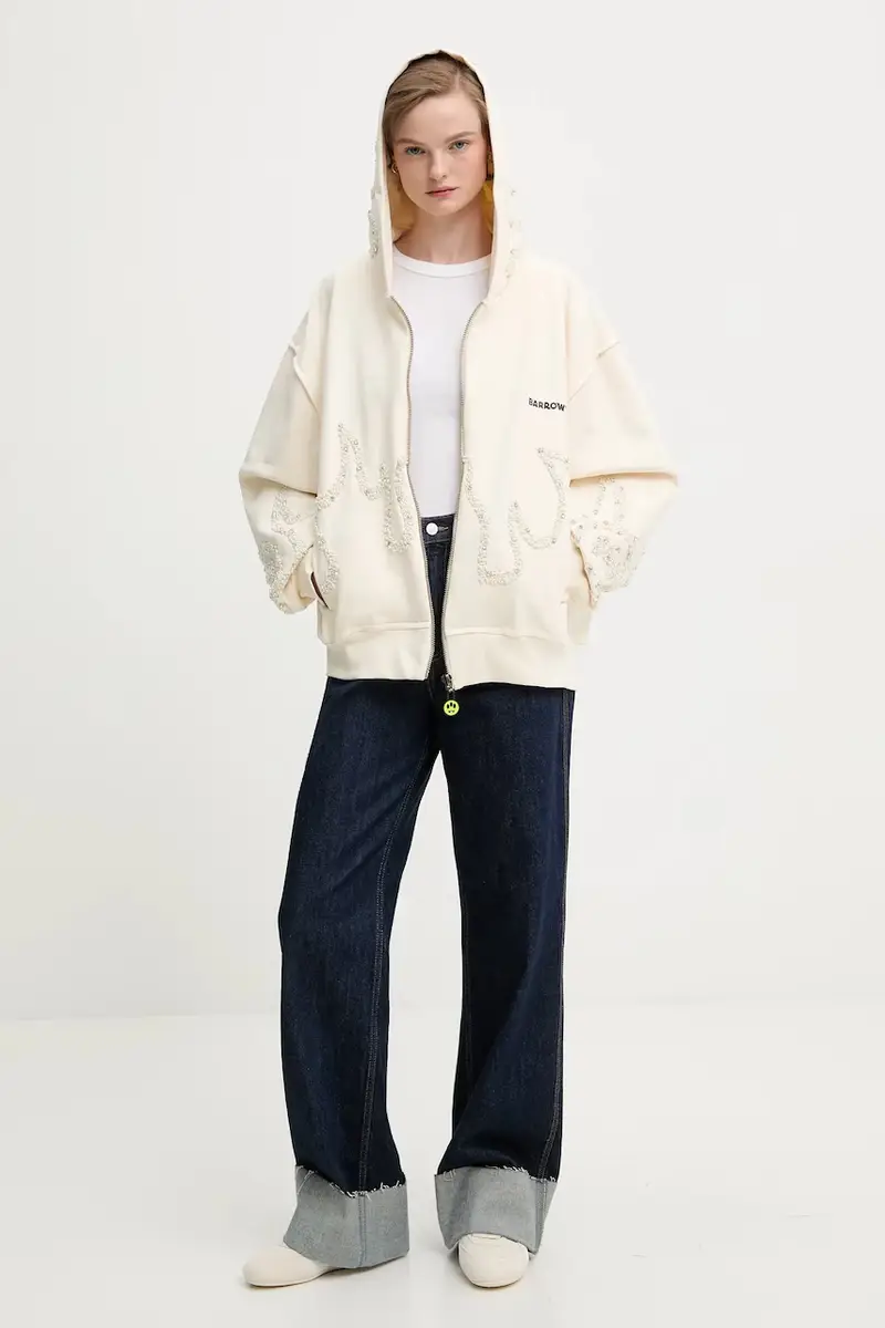 felpa in cotone colore beige con cappuccio con applicazione F5BWUAZH080 miniatura 5