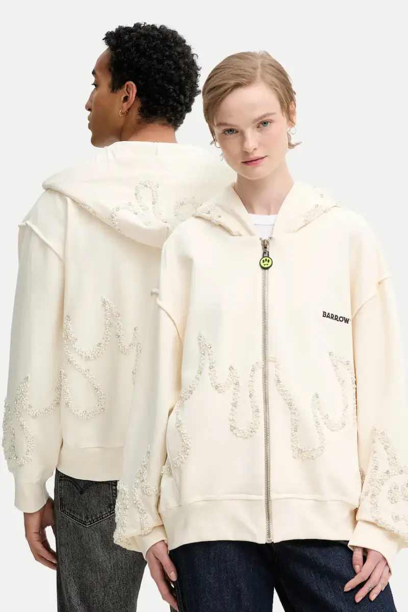 felpa in cotone colore beige con cappuccio con applicazione F5BWUAZH080