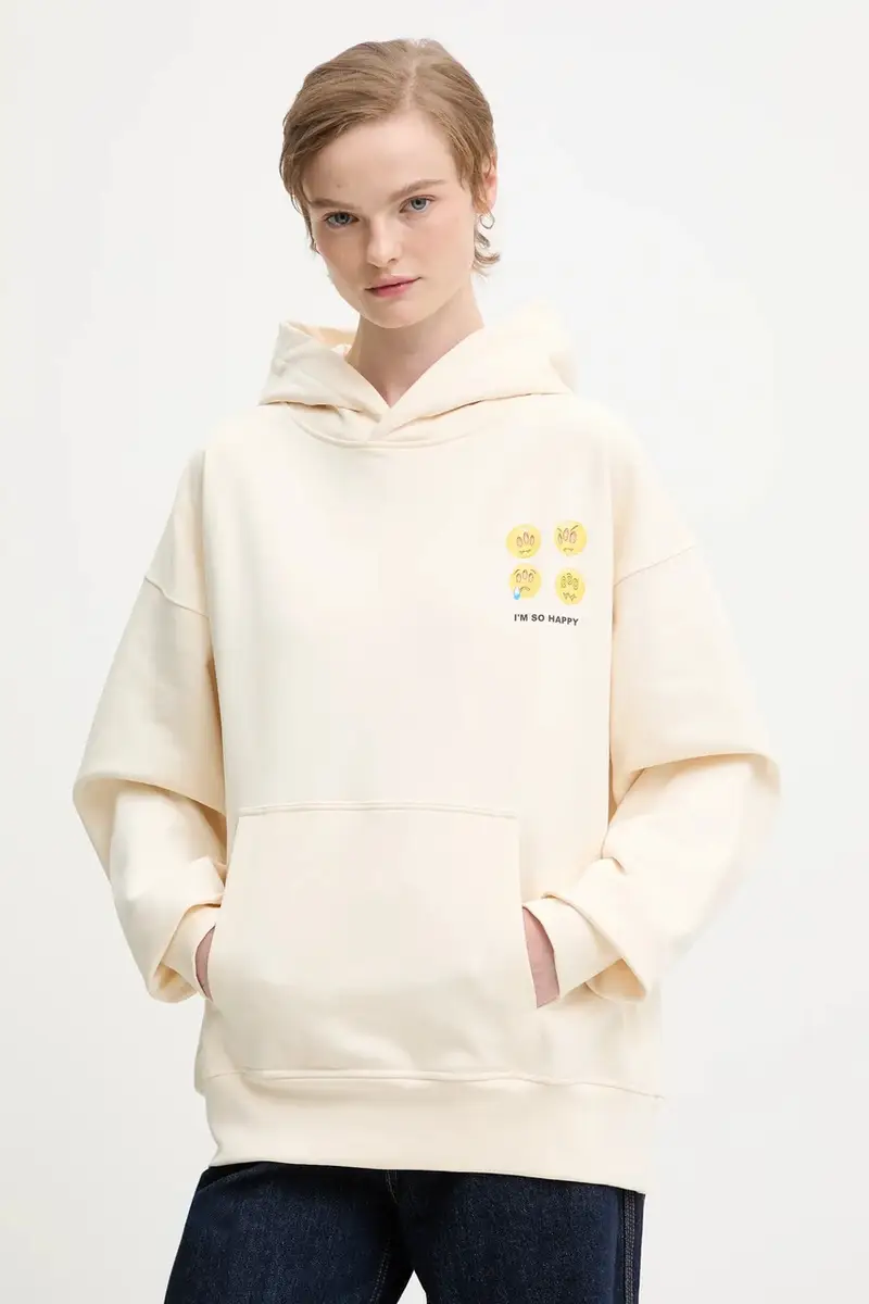 felpa in cotone colore beige con cappuccio F5BWUAHS084 miniatura 3