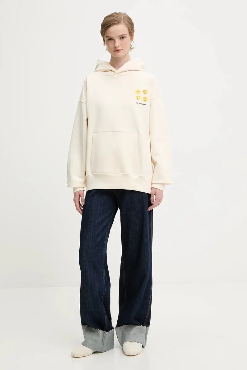 felpa in cotone colore beige con cappuccio F5BWUAHS084 miniatura 5