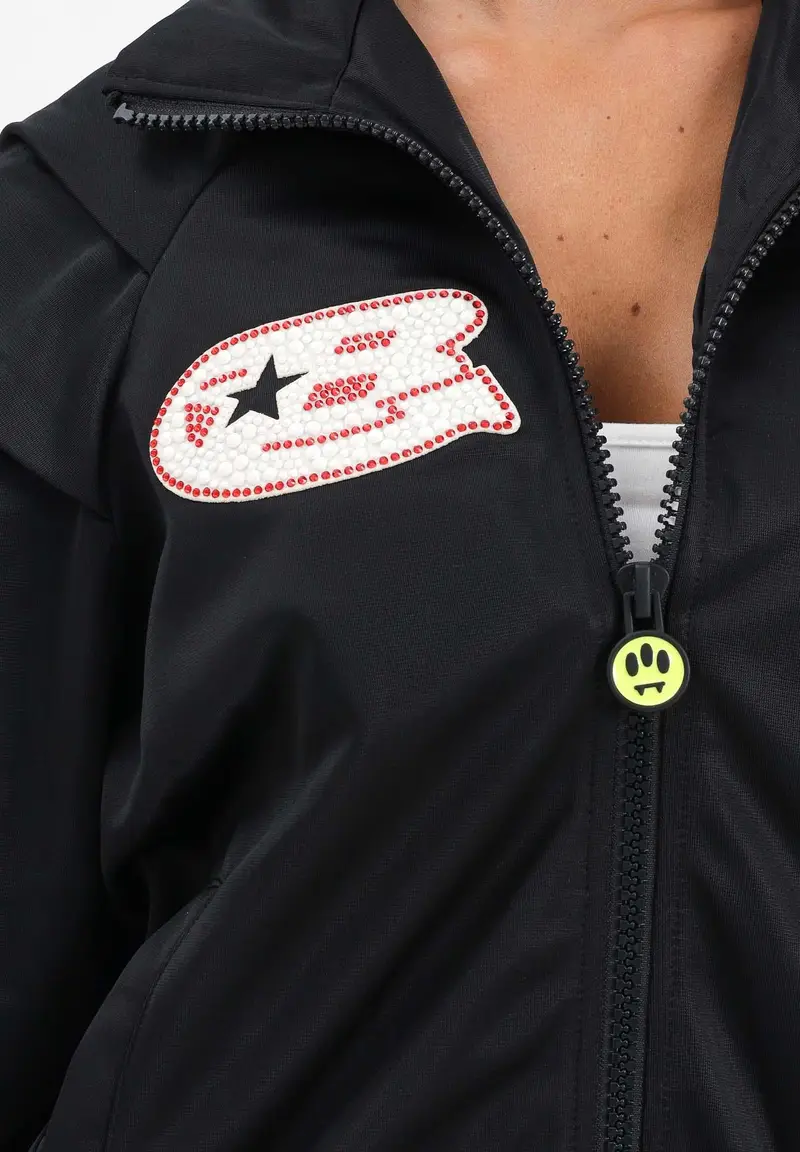 Giacca a vento nera da donna con stampe e inserti blu e in pizzo rosso miniatura 3