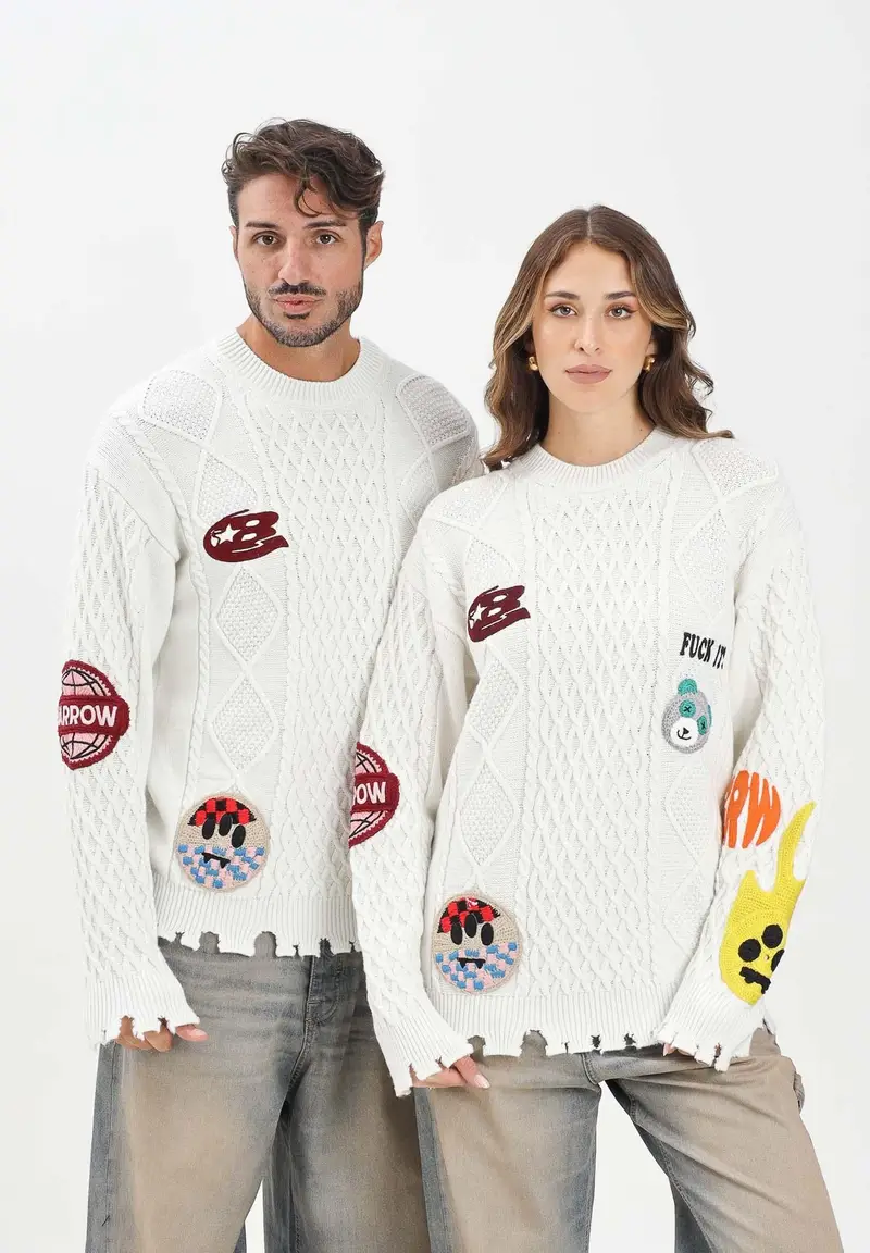 Maglione girocollo bianco per uomo e donna caratterizzato da patch multicolore miniatura 2