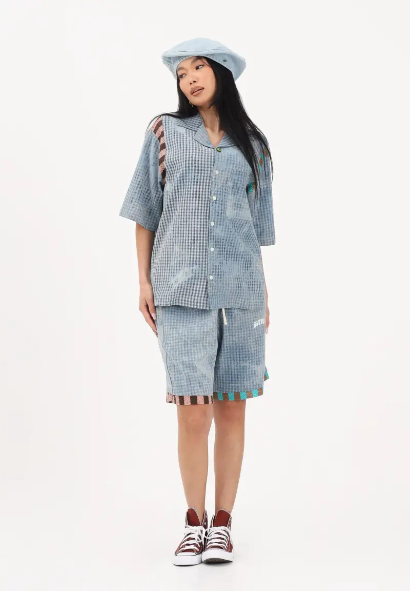 Shorts celeste per uomo e donna con stampa micro check miniatura 3