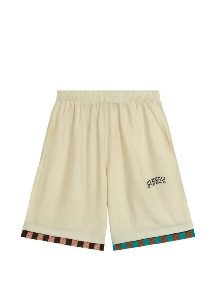 shorts in popeline crema con patch smile e motovo a righe