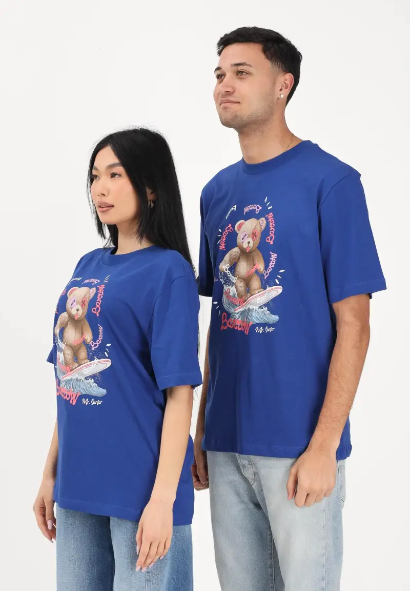 T-shirt a manica corta blu per uomo e donna con stampa