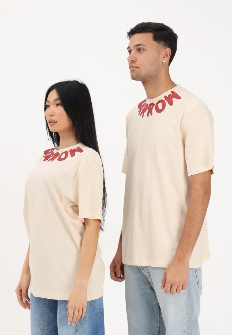 T-shirt a manica corta crema per uomo e donna con girocollo logato