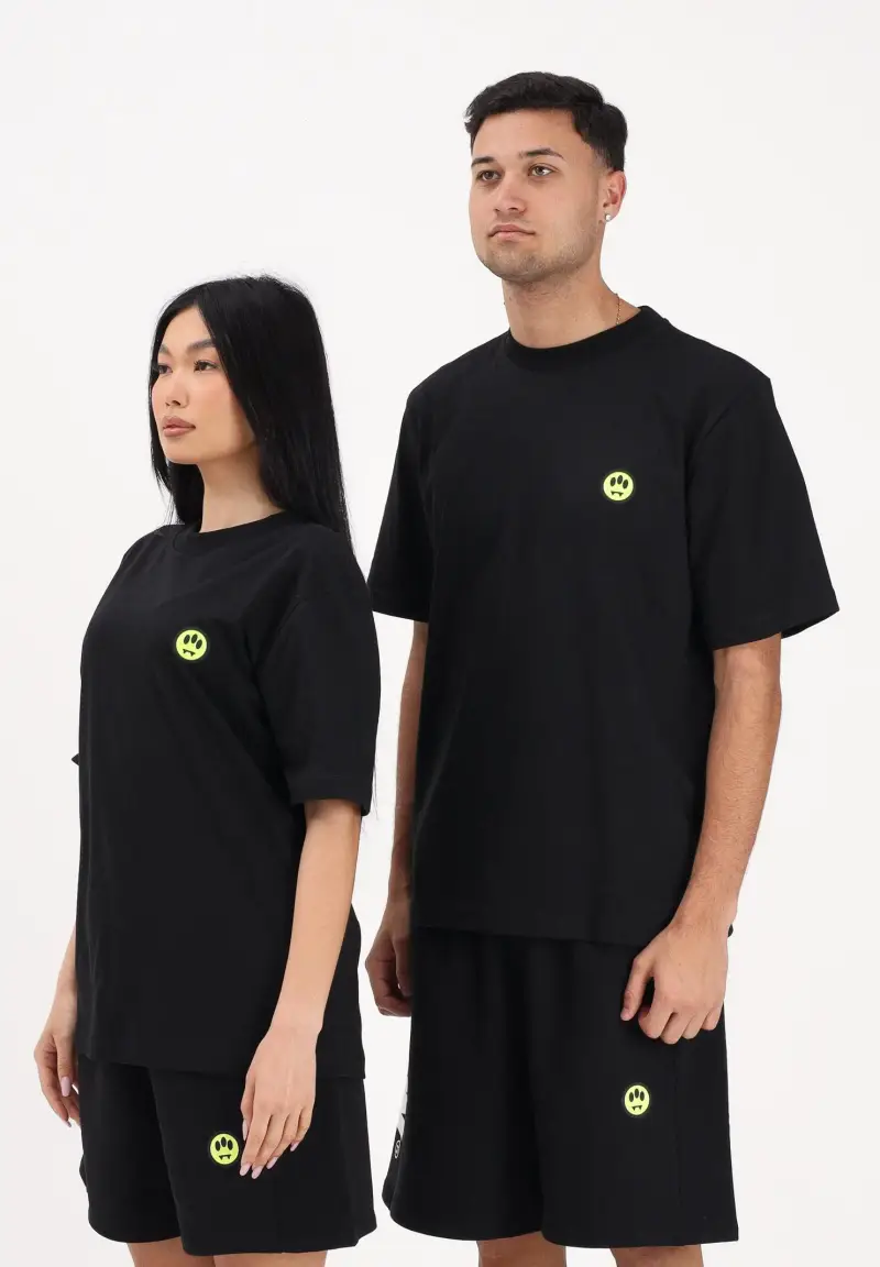 T-shirt a manica corta nera per uomo e donna con stampa sul retro