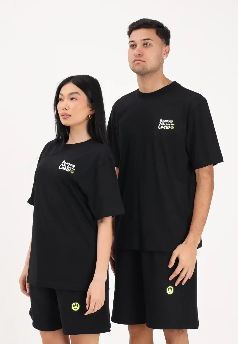 T-shirt a manica corta nera per uomo e donna con stampa sul retro