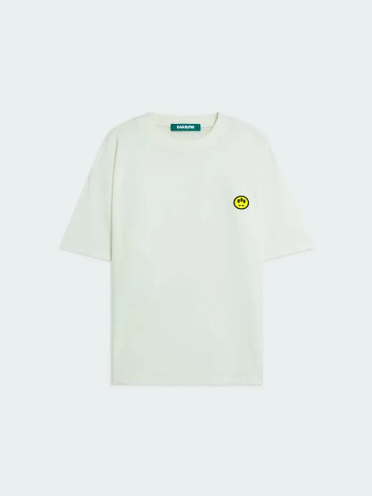 t-shirt in cotone panna con patch smile e logo