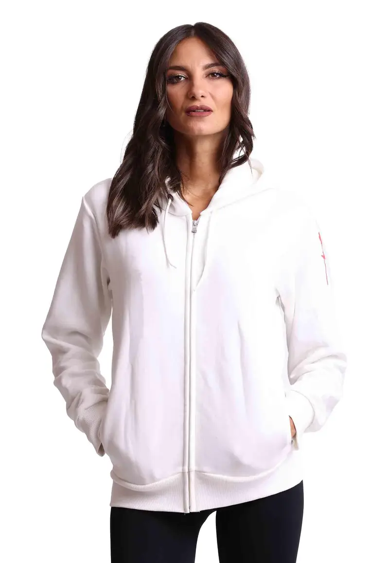 Felpa donna con cappuccio e zip in tessuto bianco e stampa in seta Donna ZIP PAV