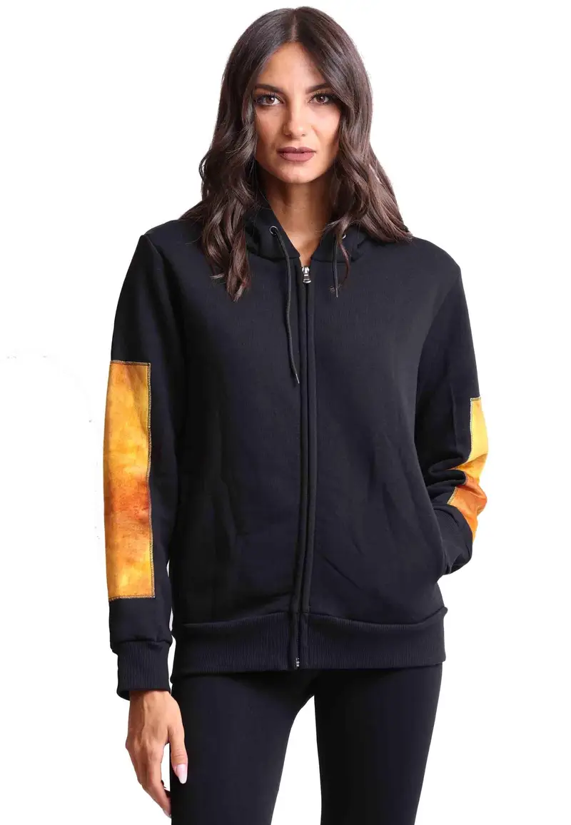 Felpa donna con cappuccio e zip in tessuto nero e stampa in seta Donna ZIP ATENE GOLD